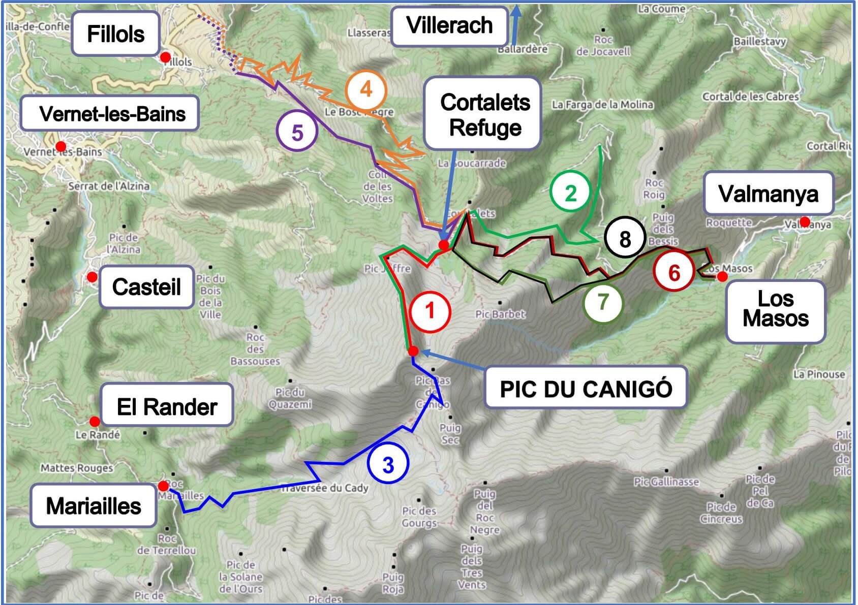 Itinéraires Cortalets et Pic du Canigó carte